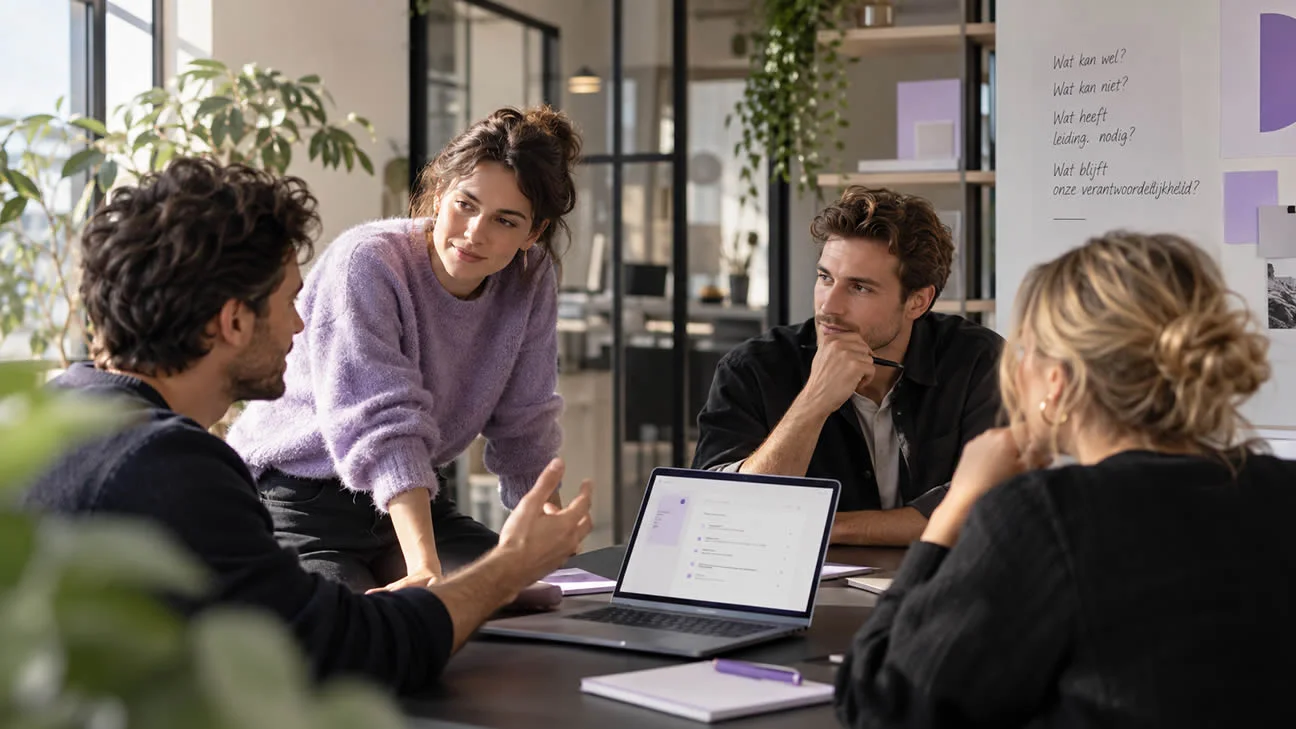 Vier mensen bespreken vragen en keuzes rond een laptop aan een werktafel.