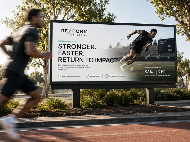 Liggende outdoorcampagne van RE/FORM Athletics: Stronger. Faster. Return to impact.