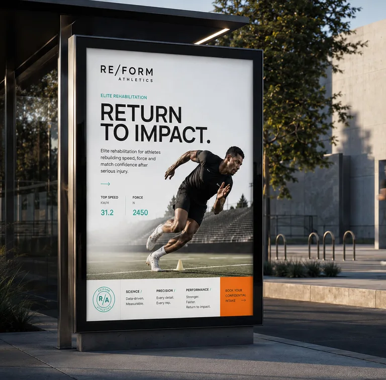 Staande outdoorcampagne van RE/FORM Athletics met een atleet en Return to impact.