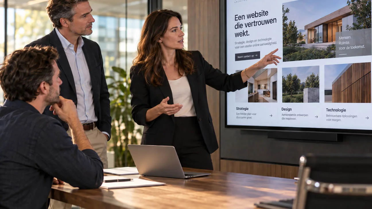 Een websiteontwerp wordt gepresenteerd en besproken op een groot scherm.