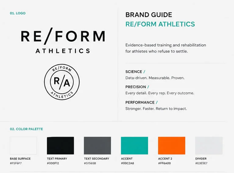 Brand guide van RE/FORM Athletics met woordmerk, merkprincipes en turquoise-oranje kleurenpalet.