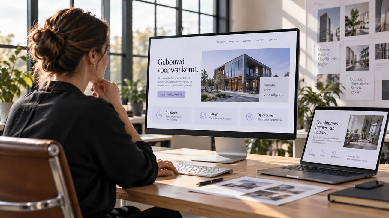Een zakelijke website wordt bekeken op een groot beeldscherm, met een tweede ontwerp op een laptop.
