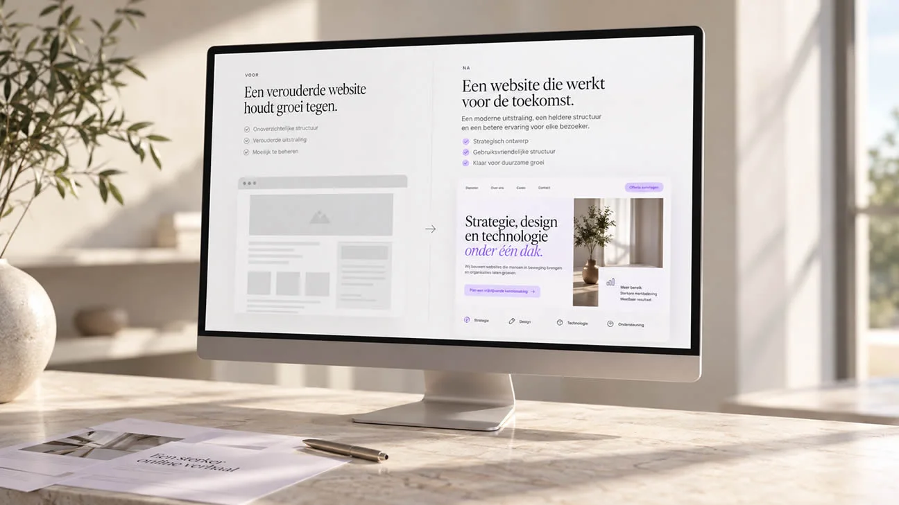 Een beeldscherm toont een schematische oude website naast een nieuwe visuele uitwerking.