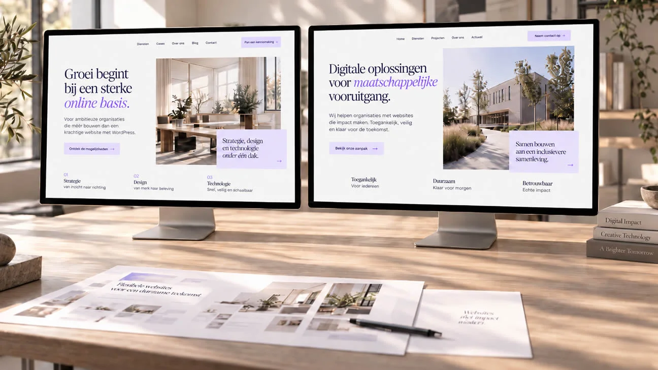 Twee websiteontwerpen naast elkaar, voor een zakelijke organisatie en een maatschappelijke organisatie.