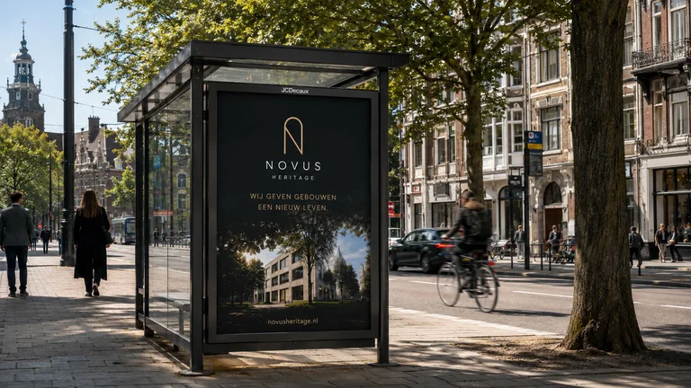 Novus Heritage-campagne op een reclamezuil in de stad: Wij geven gebouwen een nieuw leven.