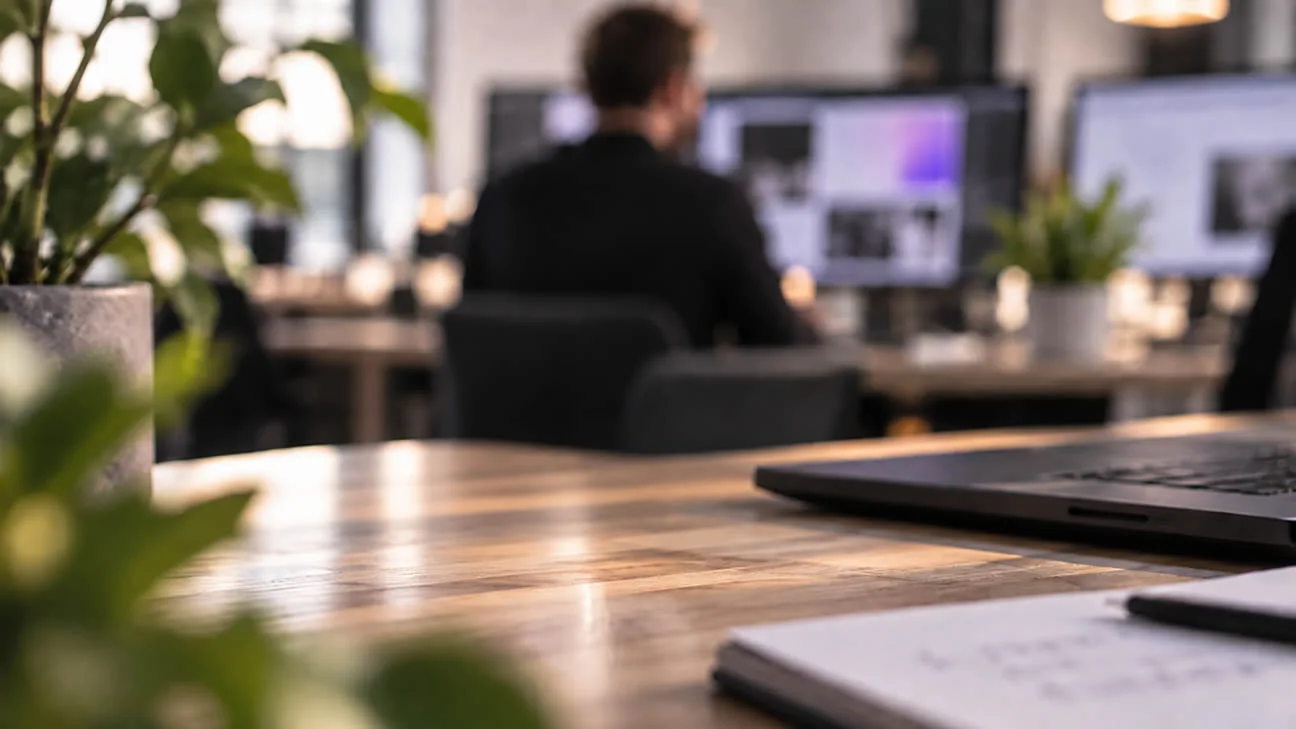 Een rustige werkplek met een laptop op de voorgrond en iemand aan het werk achter beeldschermen.